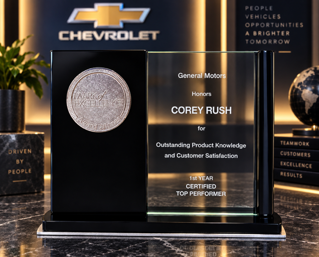 General Motors Mark of Excellence plaque honoring Corey Rush as a 1st year certified top performer